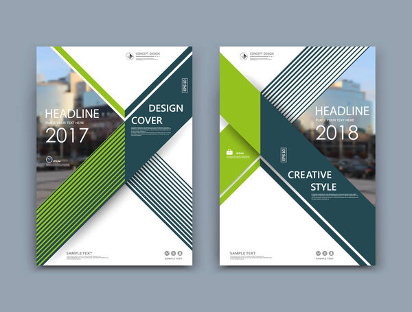 White book binder mockup. A4 brochure cover design. Title sheet model set. Modern vector front page art. Urban city house board. Green lines frame, triangle figure, brand logo icon. Ad flyer text font