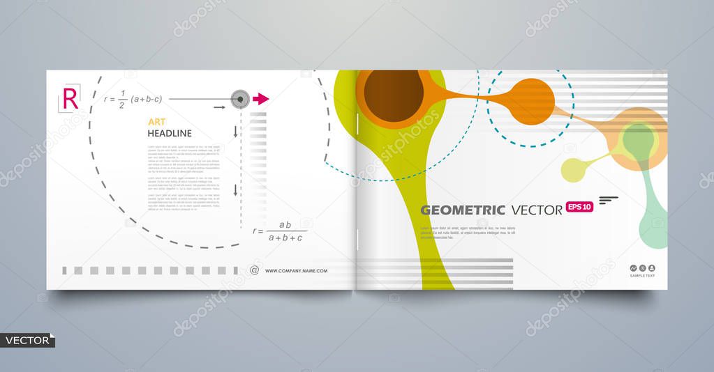 Math, physics, chemistry science text frame surface. A4 brochure cover design. Title sheet model. Patch dot, line, round, arrow icon. Modern vector front page art. Ad banner. Dna texture. Flier font