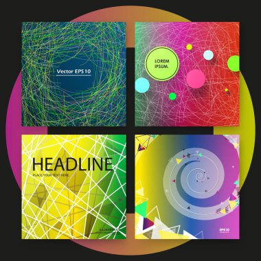 Parlak kitap bağlayıcı mockup. Broşür kapağı tasarımı. Başlık sayfası modeli seti. Modern vektör ön sayfa sanat. Yama bilgi panosu. Kare kare, çizgiler pleksus, daireler, sarlis, üçgensimgesi. Reklam el ilanı metin yazı tipi