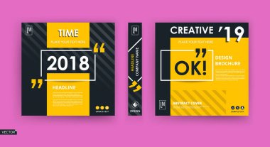 Soyut yama broşür kapağı tasarımı. Siyah bilgi veri pankartı çerçevesi. Tekno başlık sayfası modeli seti. Modern vektör ön sayfa sanatı. Yapı kare tanıtım dokusu. Sarı alıntı figürü simgesi.