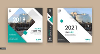 Beyaz kitap klasörü modeli. Broşür kapağı tasarımı. Başlık sayfası modeli ayarlandı. Modern vektör ön sayfa sanatı. Şehir merkezi yönetim kurulu. Mavi çizgili çerçeve, eşkenar dörtgen figürü, marka simgesi. İlan metni yazı tipi.