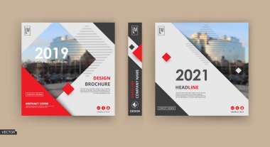 Beyaz kitap klasörü modeli. Broşür kapağı tasarımı. Başlık sayfası modeli ayarlandı. Modern vektör ön sayfa sanatı. Şehir merkezi yönetim kurulu. Kırmızı çizgili çerçeve, eşkenar dörtgen figürü, marka simgesi. İlan metni yazı tipi.