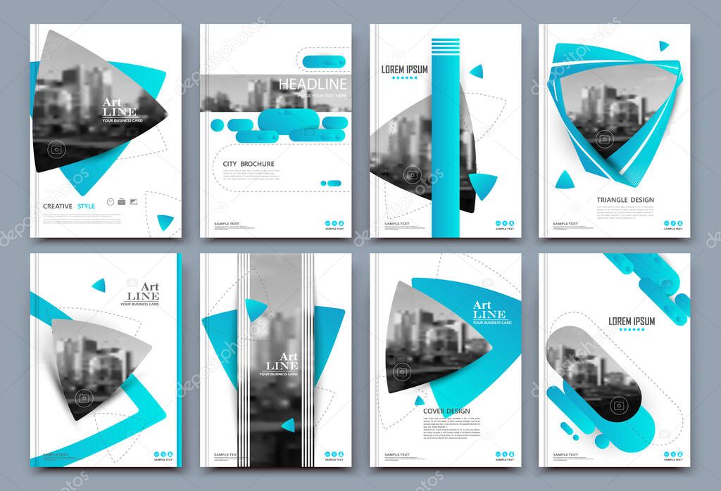 Abstract binder layout. White a4 brochure cover design. Fancy info text frame. Creative ad flyer font. Title sheet model set. Modern vector front page. Elegant city banner. Blue figures icon fiber