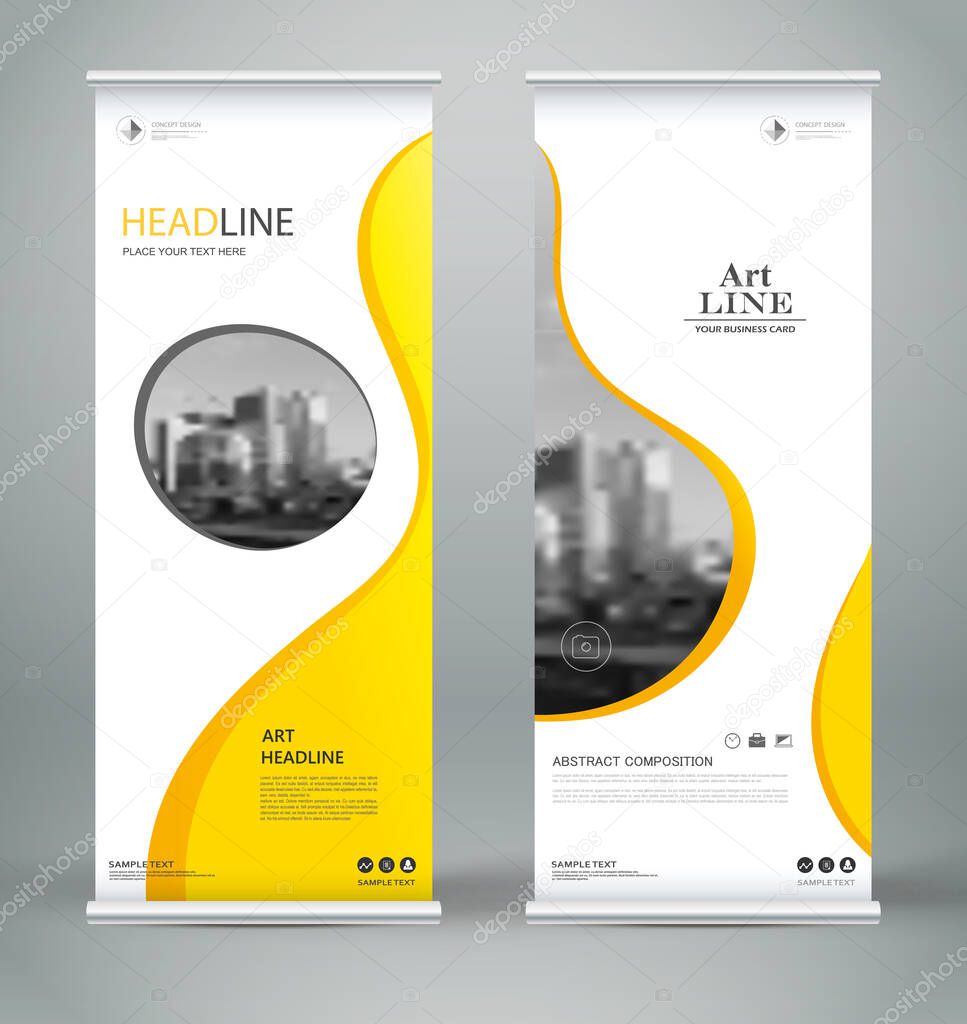 Abstract composition. White roll up brochure cover design. Info banner frame. Text font. Title sheet model set. Modern vector front page. City view brand flag. Circle figures icon. Ad flyer fibe