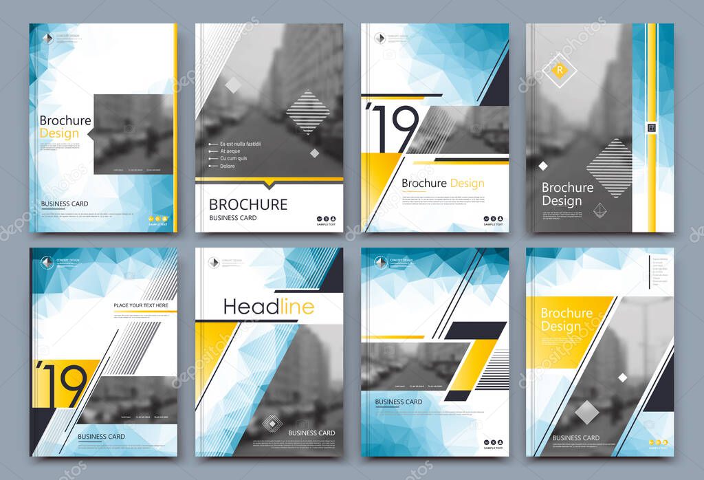 Low poly Brochure cover design. Annual report binder. Info banner frame. Fancy ad flyer text font. Title sheet fiber model. Hi tech vector front page. Urban city view texture. Yellow blue triangle.