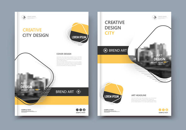 Abstract a4 brochure cover design. Text frame surface. Urban city view font. Title sheet model. Creative vector front page. Brand logo ad banner texture. Yellow line, square figure icon. Flyer fiber