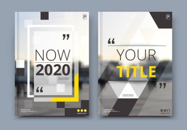 A4 'te iş gözden geçirme broşürü kapağı tasarımı. Tekno bilgi pankart çerçevesi, ad broşürü yazı tipi veya başlık sayfası modeli seti. Şehir sokak dokusuyla modern vektör ön sayfa sanatı. Sarı çizgi şekil simgesi