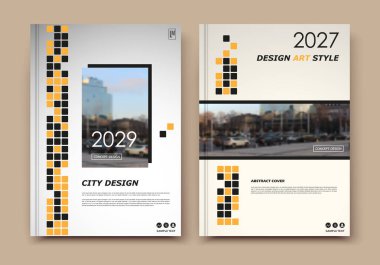 Soyut yama broşür kapağı tasarımı. Siyah bilgi veri pankartı çerçevesi. Tekno başlık sayfası modeli seti. Modern vektör ön sayfa sanatı. Şehir bulanık dokusu. Sarı atıf figürü simgesi. İlan metni yazı tipi