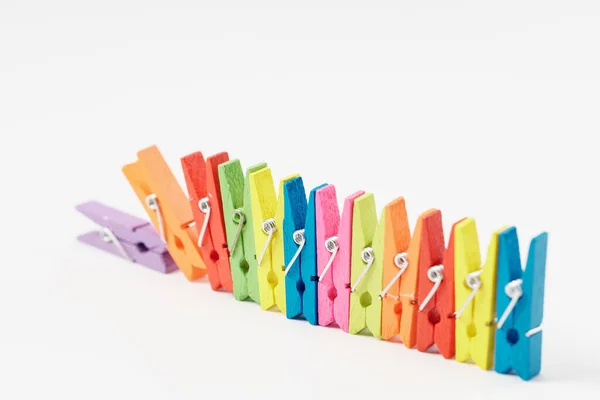 Colourful Wooden Clothespins Lined White Background Close — Stock Photo, Image