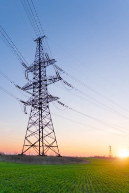 Günbatımında yüksek voltaj hatları, elektrik direkleri ve yeşil tarım manzarası. Bir fotoğrafta tarım ve endüstri derneği. Avrupa ovasının güzel bahar manzarası.