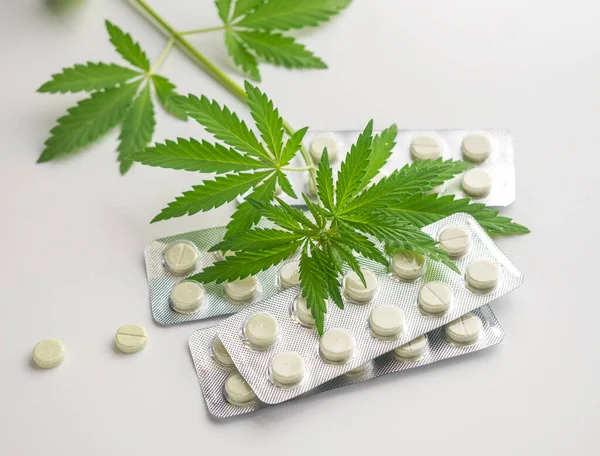 Tıbbi marihuana konsepti. Esrar yaprakları ve gri arka planda tıbbi haplar..