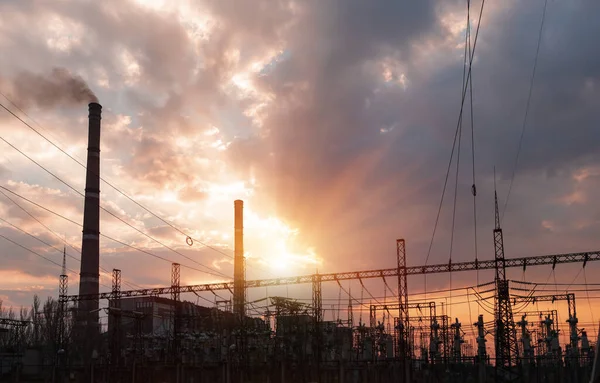 Distribution Electric Substation Power Lines Transformers Sunset — Stock Photo, Image