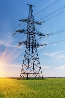 Siluet Yüksek voltajlı elektrik kulesi gün batımı saatinde ve gökyüzü günbatımı arkaplanında.