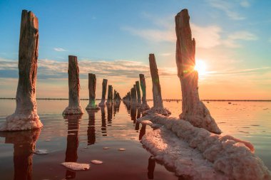 Günbatımında tuz gölü, denizden tuz çıkarma metodu, yazları kar, pastel pembe tonlar ve gradyanlar.