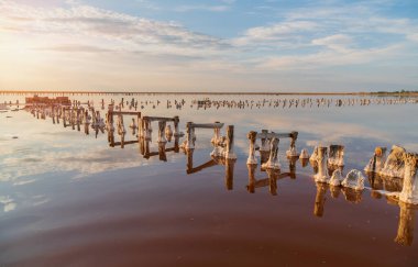 Günbatımında tuz gölü, denizden tuz çıkarma metodu, yazları kar, pastel pembe tonlar ve gradyanlar.