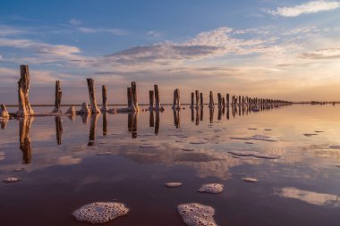 Pembe tuz gölünde gün batımı, pembe tuz çıkarmak için eski bir maden. Tuzla kaplanmış tahta çiviler..