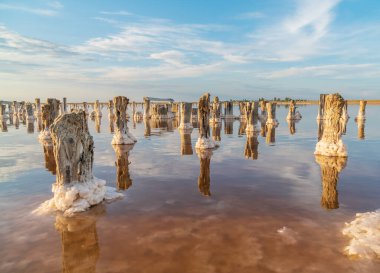 Pembe tuz gölünde gün batımı, pembe tuz çıkarmak için eski bir maden. Tuzla kaplanmış tahta çiviler..