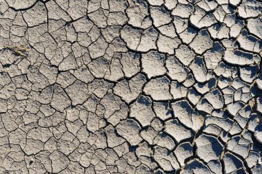 Çatlamış toprak, kuru toprak. Çatlak zemin zemin, kuru çatlak zemin çerçeveyi arka plan olarak dolduruyor.
