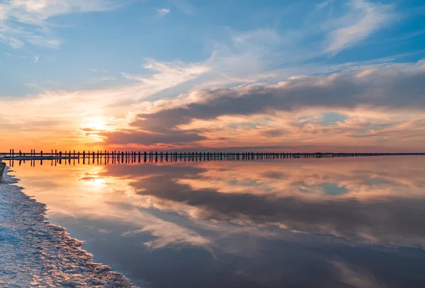 Sunset Pink Salt Lake Former Mine Extraction Pink Salt Row — Stock Photo, Image