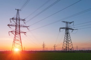 Mavi gökyüzü ve yeşil çayırlar üzerindeki elektrik direkleri..