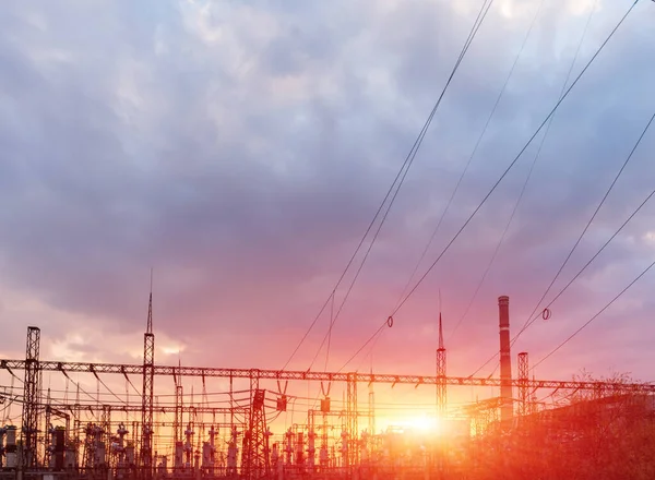 Linhas Alta Tensão Pôr Sol Nascer Sol Torre Transmissão Elétrica — Fotografia de Stock