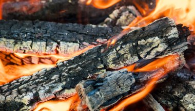 Parlayan odunlar ve kıvranan alevlerle büyüleyici şenlik ateşi. Yanan ağacın dokusu. Yemek pişirmek için doğada şenlik ateşi.