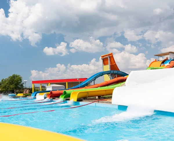 Outdoor Water Park Multi Colored Slides Pools People — Stock Photo, Image