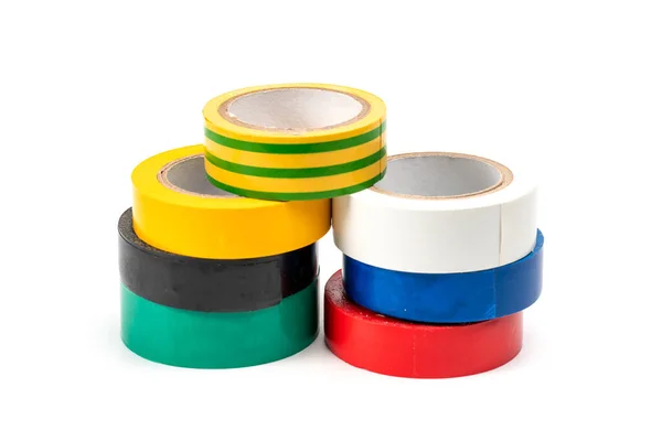 Rolls Insulation Adhesive Tape Multi Colored Ribbons White Background Bright — Stock Photo, Image