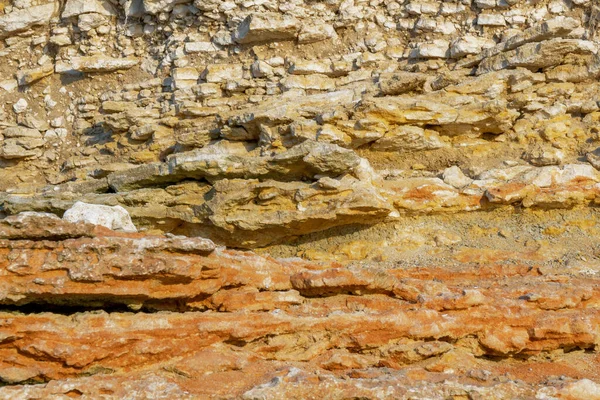 Geological layers of earth - layered rock. Close-up of sedimentary rock by ocean.