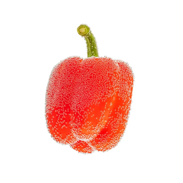 Fresh Juicy Red Pepper Sparkling Water Covered Small Bubbles White — Stock Photo, Image