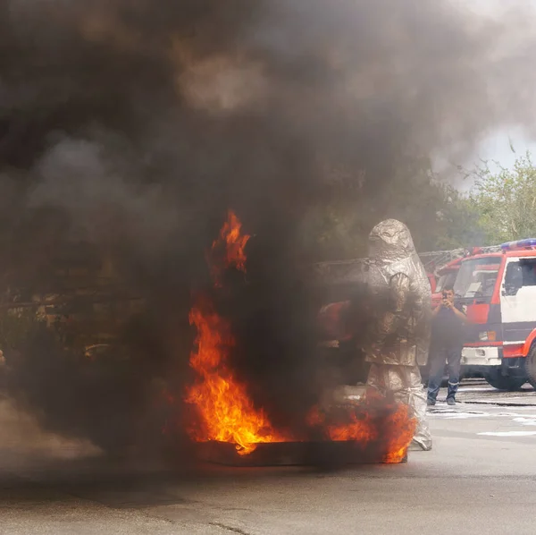 Firefighter Special Suit Fire Drill Oil Refinery — Stock Photo, Image