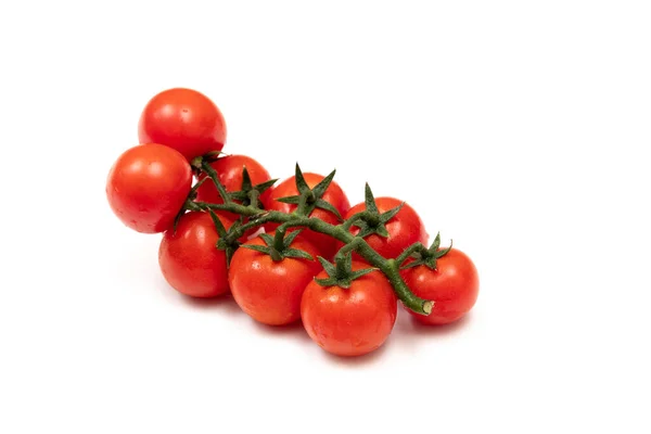 Gałąź Czerwonych Pomidorów Wiśniowych Białym Tle Małe Soczyste Warzywa Bogate — Zdjęcie stockowe