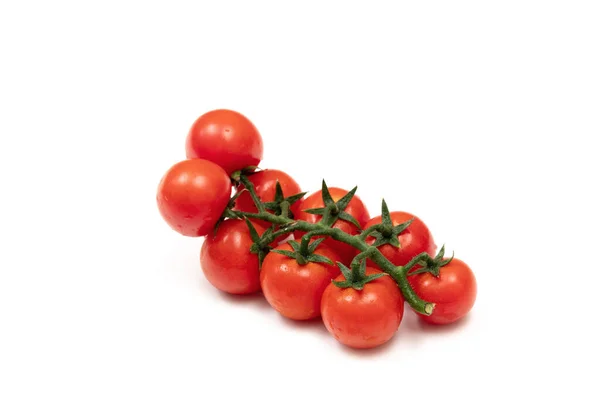 Ein Zweig Roter Kirschtomaten Auf Weißem Hintergrund Das Kleine Saftige — Stockfoto