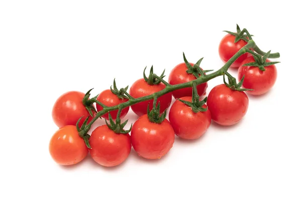Gałąź Czerwonych Pomidorów Wiśniowych Białym Tle Małe Soczyste Warzywa Bogate — Zdjęcie stockowe