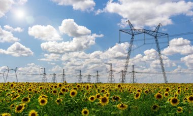 Yüksek voltajlı elektrik hatları. Elektrik dağıtım istasyonu. Yüksek voltajlı elektrik iletim kulesi. Güç hatları ve trafoları olan dağıtım elektrik santrali.