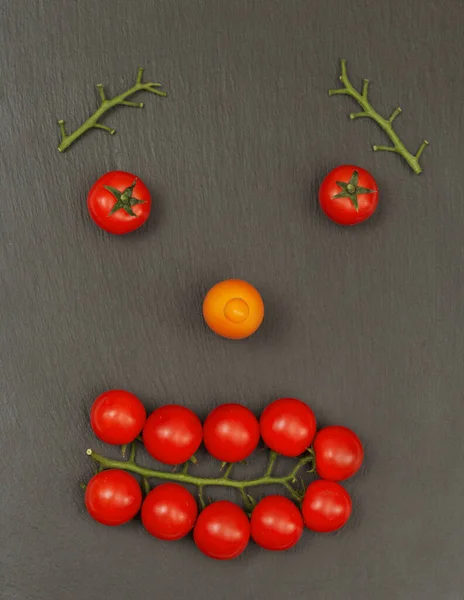 悲しげな表情で笑顔 トマトやトマトの枝などの野菜と人間の顔の一部をレイアウト — ストック写真
