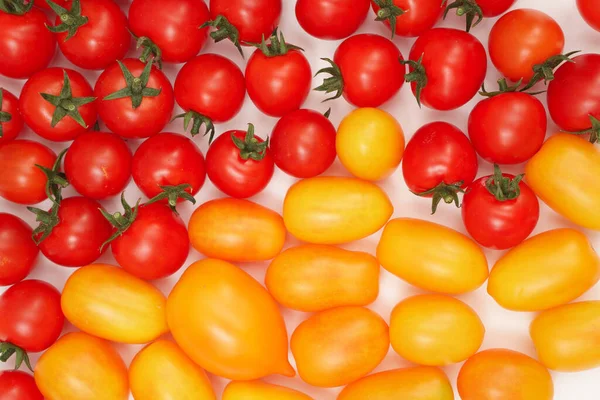 Tomates Vermelhos Amarelos Espalhados Fundo Branco Verdura Pequena Suculenta Rica — Fotografia de Stock