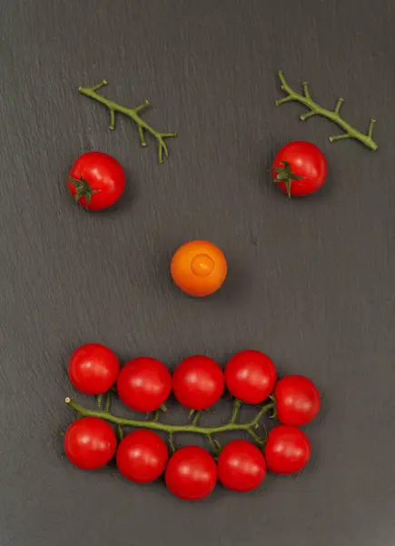 目を見張るような表情で笑顔 トマトやトマトの枝などの野菜と人間の顔の一部をレイアウト — ストック写真