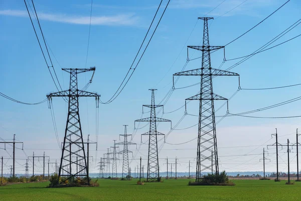 Mavi gökyüzü ve yeşil çayırlar üzerindeki elektrik direkleri..