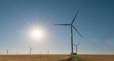 Rüzgar türbinleri gün batımında bir buğday tarlasında. Yeşil enerji.