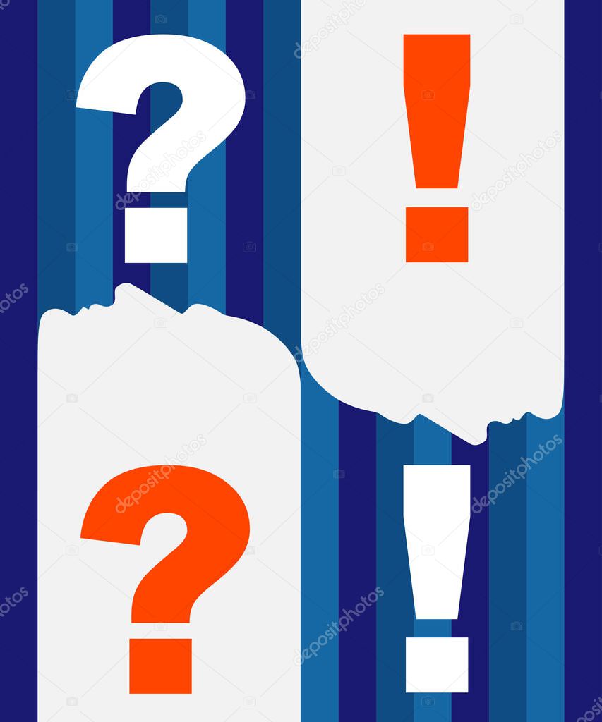 Question and answer poster on a striped background of shades of blue, white profiles of people, an exclamation and question mark in orange and white