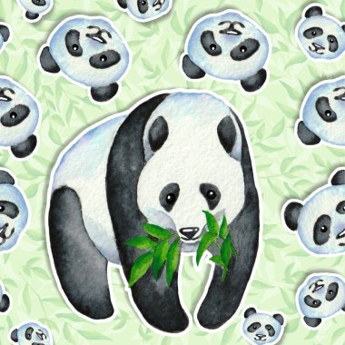 Büyük panda yeşil bambu yapraklarından oluşan bir arka planda sevimli panda yüzleri etrafında