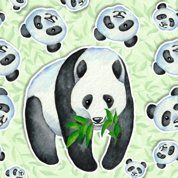 Big panda around cute panda faces on a background of green bamboo leaves