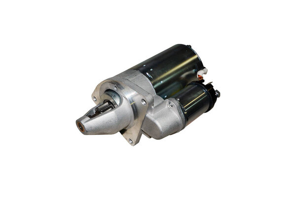 Электрический стартер для автомобиля с изолированным соленоидом на белом фоне. Автозапчасти
