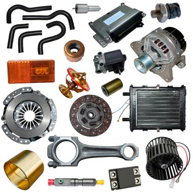 Beyaz arka planda yedek parça arabası var. Mağaza veya sonraki pazar için pek çok izole öge ile ayarla.