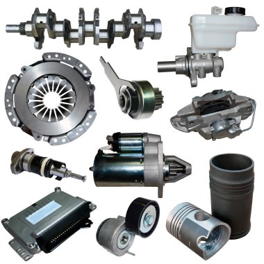 Beyaz arka planda yedek parça arabası var. Mağaza veya sonraki pazar için pek çok izole öge ile ayarla.