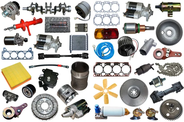 Автозапчастини Білому Тлі Набір Реклами Зібраних Автозапчастин Нові Запчастини Ремонту — стокове фото