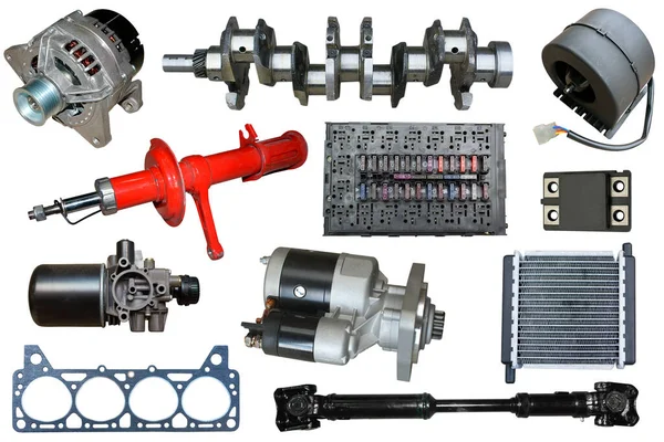 Автомобильные Запчасти Белом Фоне Комплект Рекламы Сборных Автозапчастей Новые Детали — стоковое фото