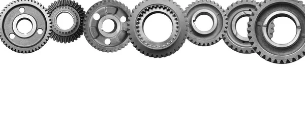 Metal Gears Isolated White Background Collage Steel Industrial Gears Banner — Stock Photo, Image