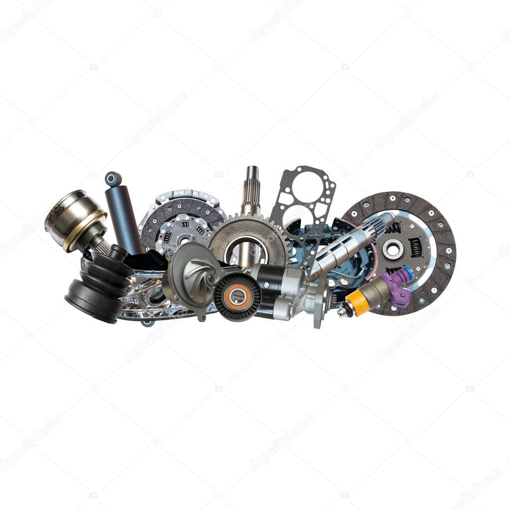 Big collection of auto spare parts for maintenance and car repair.